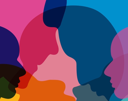 Abstract artwork featuring overlapping silhouettes of human profiles in vibrant colors such as blue, pink, red, and orange, creating a layered and dynamic effect.