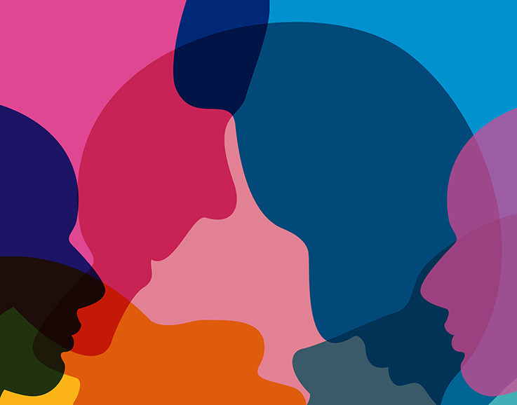 Abstract artwork featuring overlapping silhouettes of human profiles in vibrant colors such as blue, pink, red, and orange, creating a layered and dynamic effect.