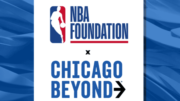 Blue abstract background with a white square in the center. Text reads NBA Foundation x Chicago Beyond with logos. Below, text says Announce New $1 Million Responsive Funding Partnership.